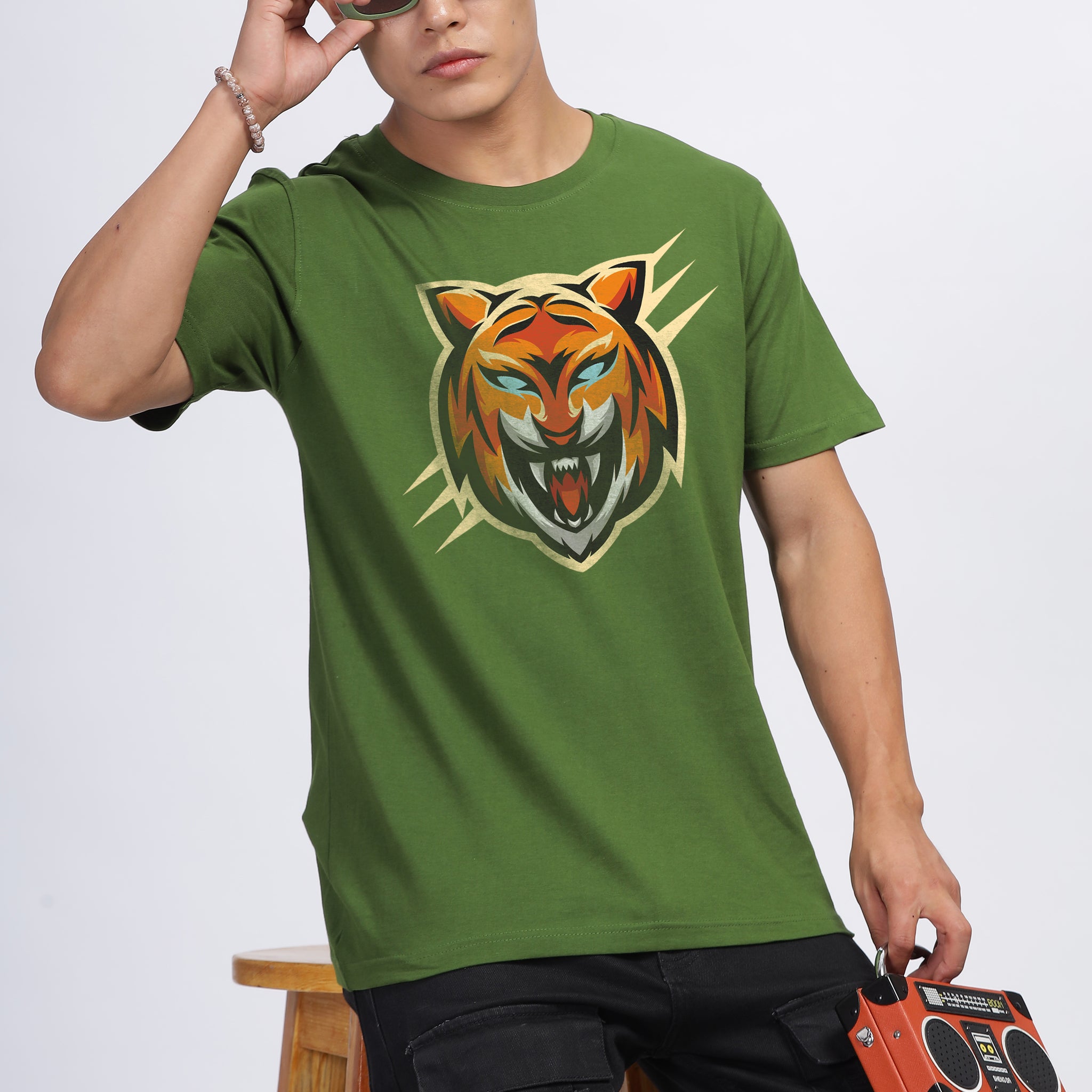 TIGER GRAPHIC GREEN COTTON T-SHIRT